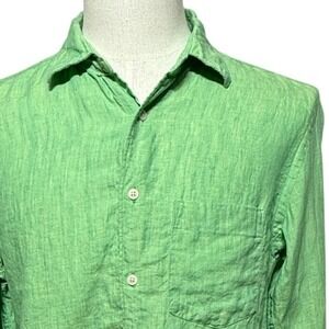 Uniqlo Shirt Mens Medium Green 100% Linen Button Up Long Sleeve Beachy Cool